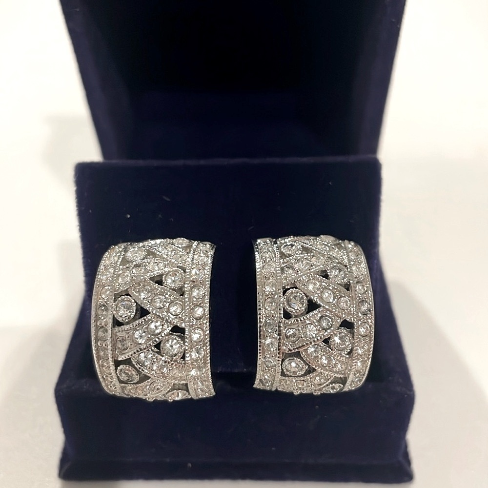 Silver & Crystal Huggie Clip Back Earrings - VINTAGE